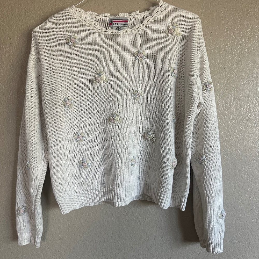 Vintage Grandmacore Floral Embroidery Sweater S -  Cottagecore Fairycore